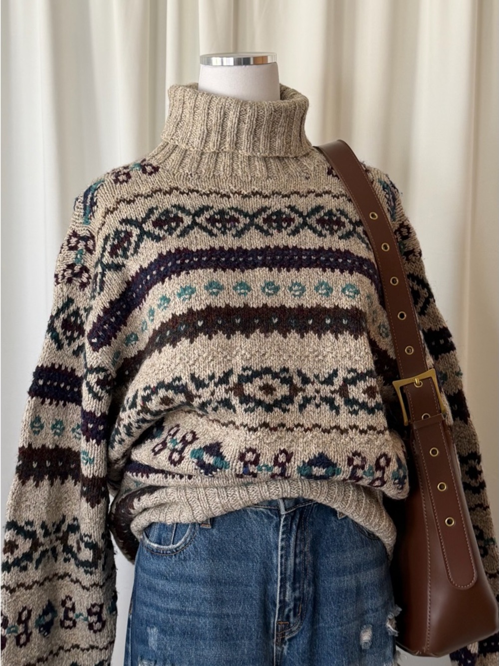 Vintage 1980’s POLO Ralph Lauren Hand knit Fair Isle turtleneck sweater large - Picture 6 of 13
